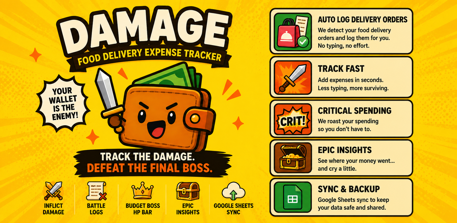 DAMAGE — Food Delivery Expense Tracker. Track the damage. Defeat the final boss.